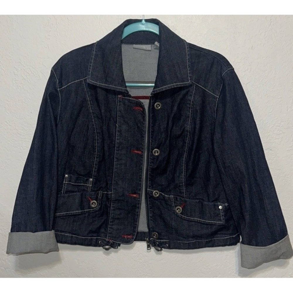 Dark Wash Denim Utility Jacket with Red Contrast Stitching and Drawstring Hem